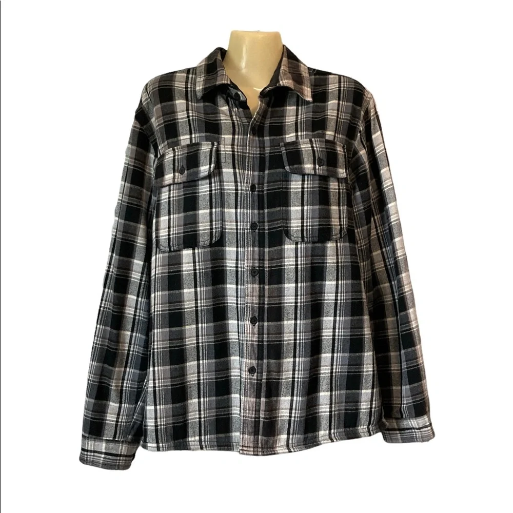 Boston Traders Utility Jacket Fleece Flannel Outerwear Plaid Black White Medium